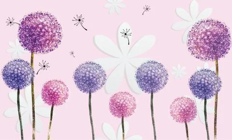 Soft pink background, white paper flowers, colorful dandelions Stock Illustration