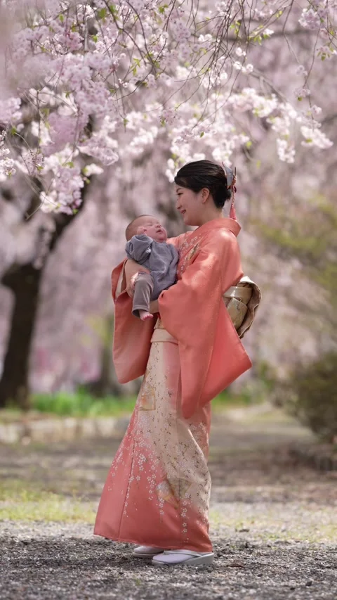 Soft pink blossoms frame a gentle moment Stock Footage 341080761