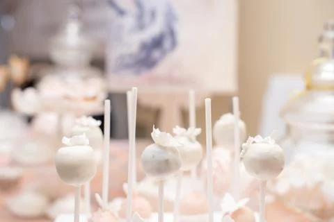 Soft pink cake pops on the background of the candy bar Stock Photos