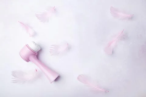 Soft pink face brush tool among feathers. Beauty blogs and reviews concept Stock Photos