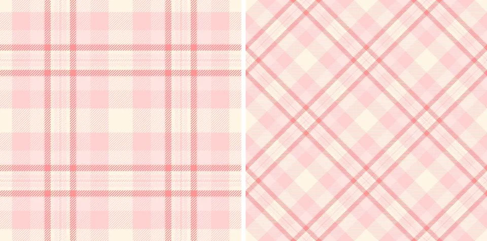 Soft pink plaid textures set. Seamless patterns in regular and diagonal weave Stockillustratie