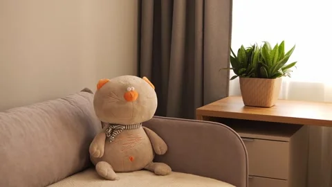 Soft plush toy rests on the sofa, a delightful addition to any space. Explore Stock Footage 269325071