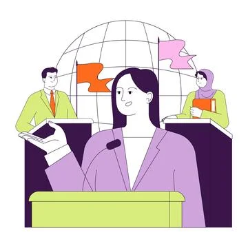Soft power. Speaker at podium on global summit. International communication Stock Illustration