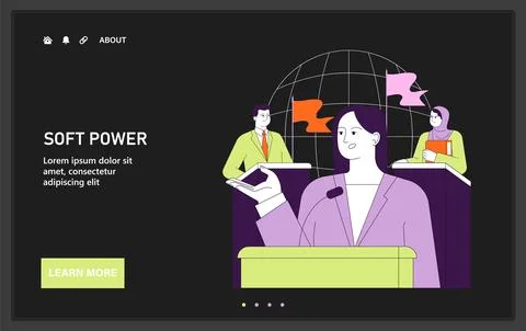 Soft power. Speaker at podium on global summit. International communication Stock Illustration