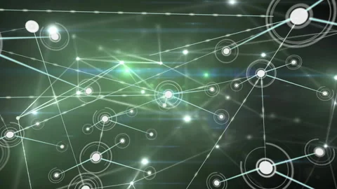 Soft pulsing node sparking network growth, green-blue flares sliding, burst Stock Footage 309872575