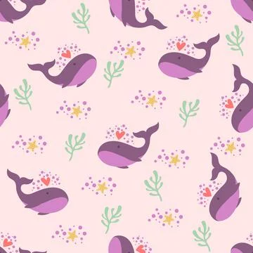 Soft purple whale seamless pattern Stock Illustration