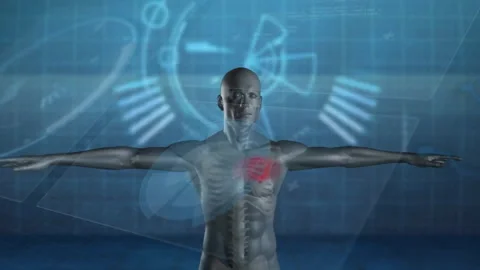 Soft red chest glow emerging on metallic figure, visualizing pulsing ECG and Vidéo 311084813