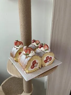 Soft roll cake with fluffy sponge layers and creamy filling spiraled inside.. Stock Photos