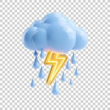 Soft Rounded Thunderstorm Icon with Lightning Bolt and Raindrops on Transpa.. Stock Illustration