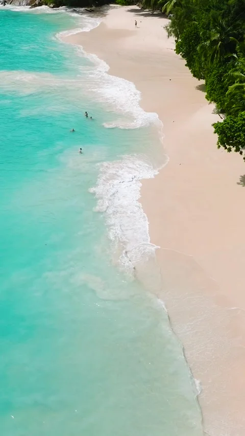 Soft sandy beach and crystal-clear turquoise water. Seychelles, Mahe. Stock Footage 303472397