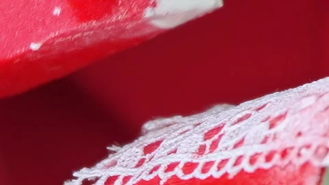 Soft Scarlet Trim With Exquisite White Lace Detailing a Timeless Charm Stock Footage 340594236