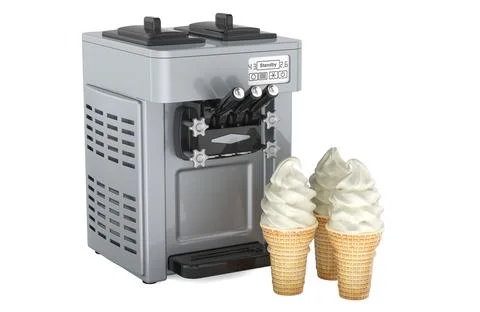 Soft serve ice cream machine with vanilla cones. 3d rendering Stock Illustration