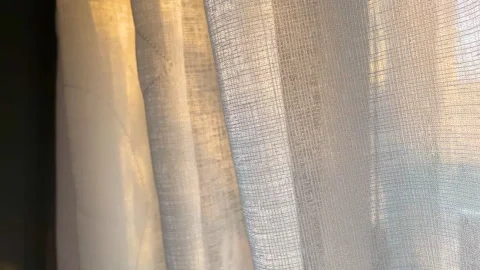 Soft, sheer curtains gently illuminated by warm morning sunlight Stock Footage 331610033