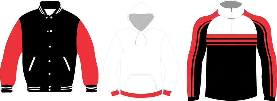 Soft Shell Jumper Varsity Jacket and Hoodie Mock ups Vectors Stock Illustration