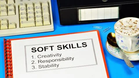 Soft skills  text label in the planning folder. Stock Photos
