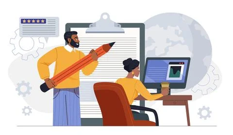 Soft skills at work. Man and woman working on common project. Empathy and Stock Illustration