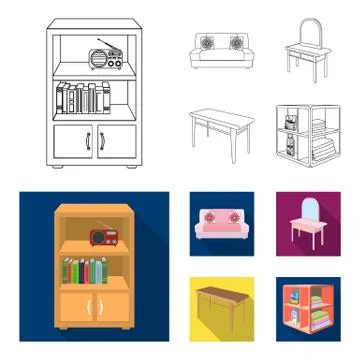 Soft sofa, toilet make-up table, dining table, shelving for laundry and Stock Illustration