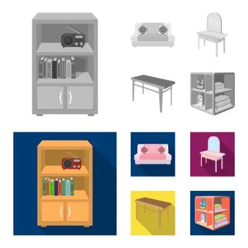 Soft sofa, toilet make-up table, dining table, shelving for laundry and Stock Illustration