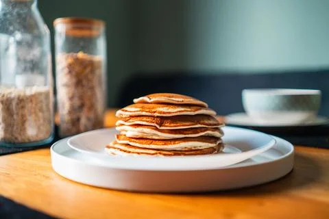 Soft Stack of Delicious Pancakes on a White Plate for Breakfast in the Morn.. Stock Photos