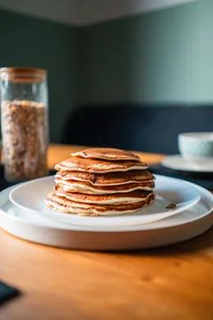 Soft Stack of Delicious Pancakes on a White Plate for Breakfast Stock Photos