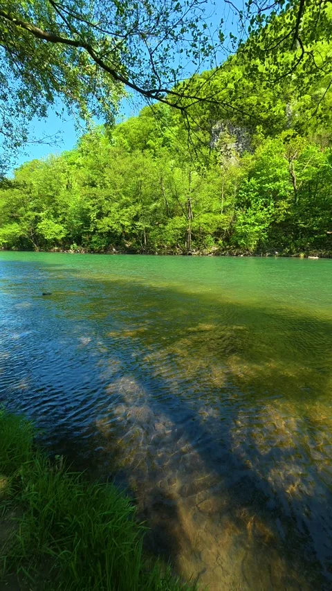 Soft sunlight dances on rippling water. Ovcar Kablar Gorge, Serbia. Vertical Видео 334226061