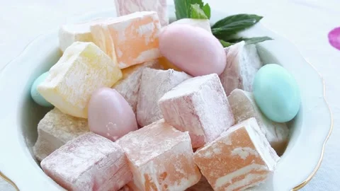 Soft sweets and candy in the bowl, lokum, Turkish delights Stock Footage 156651310