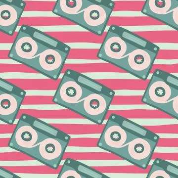 Soft tones cassette seamless pattern. Hand drawn music elements in pastel pal 스톡 일러스트