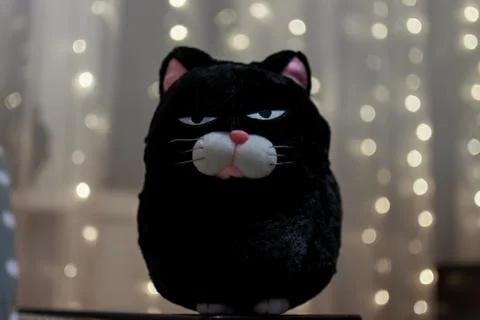 Soft toy cat with an angry expression on his face on the background of blurre Foto stock