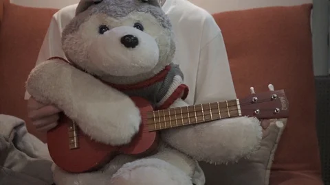 Soft toy wolf plays the guitar Stock Footage 127751085