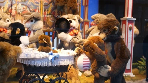 Soft toys on the showcase Stock Footage 122912150
