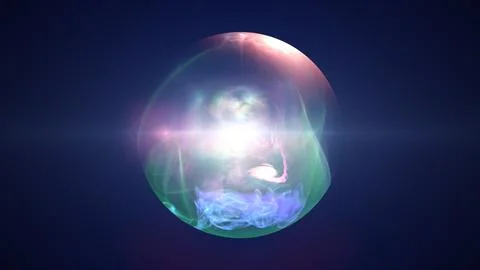 Soft violet energy sphere with a bright white core, blue lens flare, and mi.. Stock Illustration