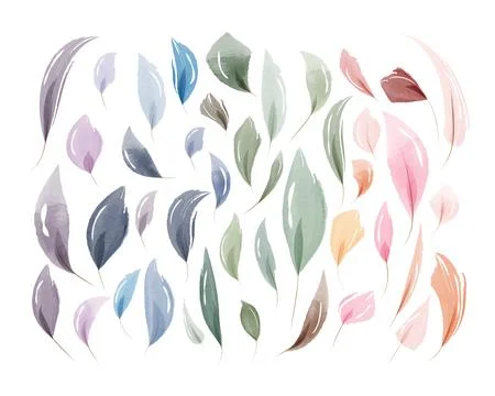 Soft watercolor leaves set featuring diverse pastel hues Stock Illustration