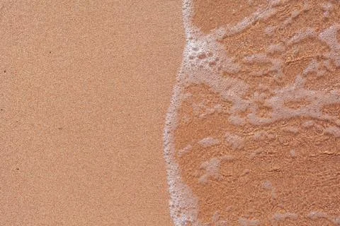 A soft wave runs on a sandy shore on a summer day. Stock Photos