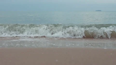 Soft Wave on Sand Beach in Summer Morning. Natural Background.  Low Angle Vie Stock Footage 154621520