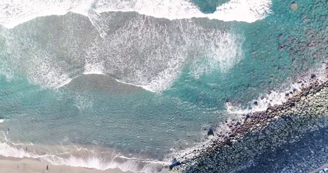 Soft waves crashing on the beach, drone top shot, Tenerife Stock Footage 119107396