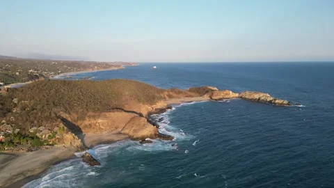 Soft Waves Hitting Steep Rocky Cliffs Drone Glide Mazunte Mexico Stock Footage 321707913