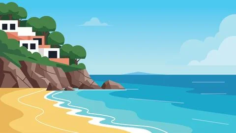 Soft Waves Mediterranean Beach Flat Design Illustration Illustrazione stock