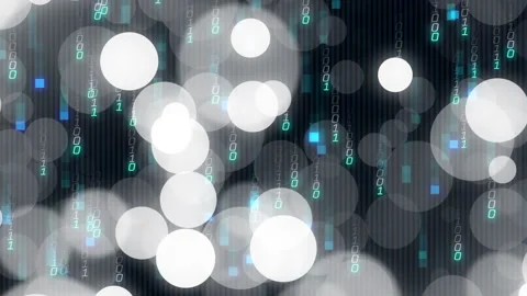 Soft white circles drifting on start while green-blue binary code streaming Vidéo 313554303