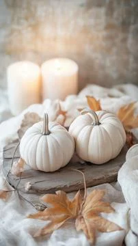 Soft white pumpkins and fall leaves with cozy candles in warm autumn setting Stock Photos