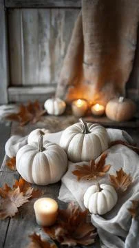 Soft white pumpkins and fall leaves with cozy candles in warm autumn setting Foto stock