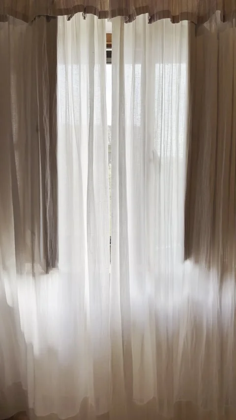 Soft White Sheer Curtains Moving in Breeze by Cottage Window Stock Footage 340353630