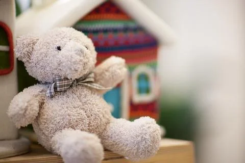 Soft white teddy bear on the shelf in the background a small house Stock Photos