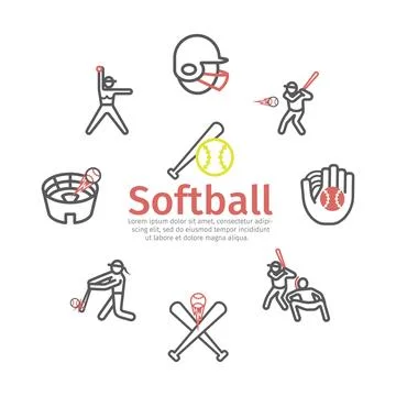 Softball line icons. Vector sport signs for web graphics. Stock Illustration