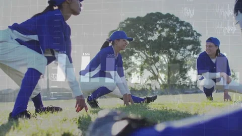 Softball players preparing for game, doing hamstring quad stretch while data Stock Footage 333004795