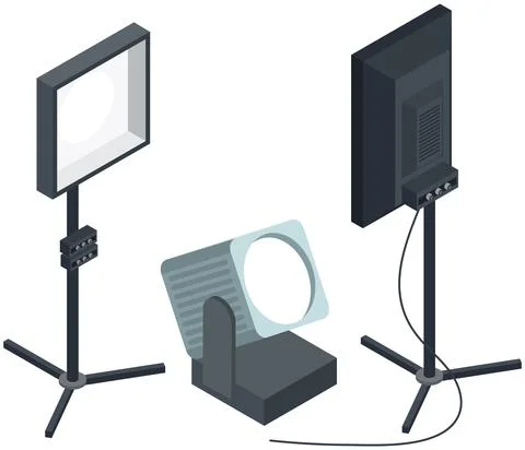 Softboxes and spotlight for filming in studio. Professional equipment and light Illustrazione stock