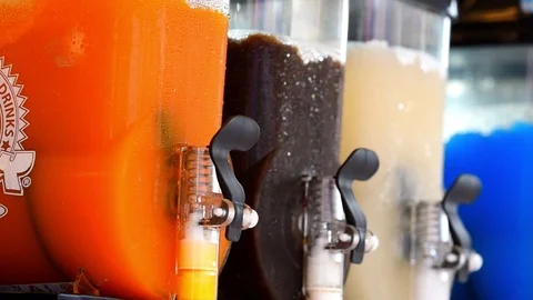 Softdrinks in different colors in cooling machine Stock Footage 109391802