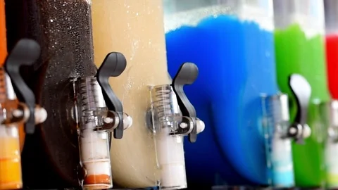 Softdrinks in different colors in cooling machine Stock Footage 109392030