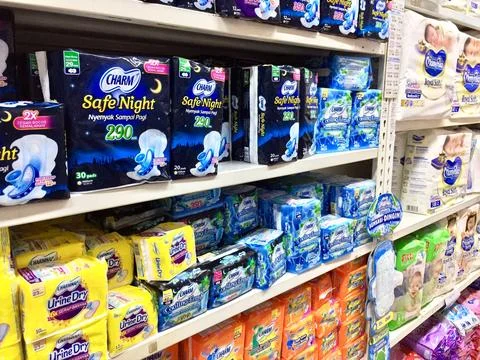 Softex, A row of display cases for feminine area softeners, with the brands “cha Stock Photos