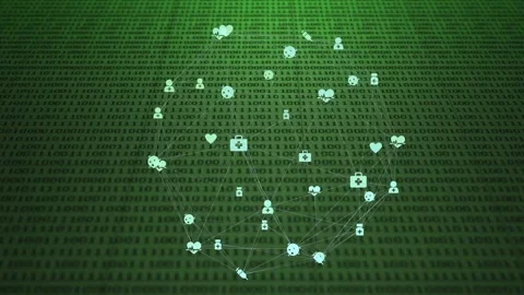 Softly fading data icons drifting inward and forming circular network on binary Video stock 317659959