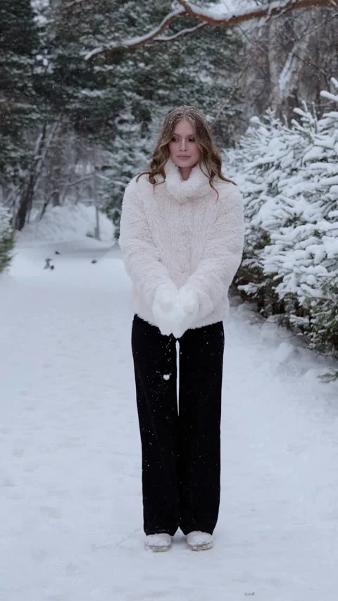 Softly falling snowflakes surrounding bundled woman enjoying peaceful winter Stock Footage 346512417